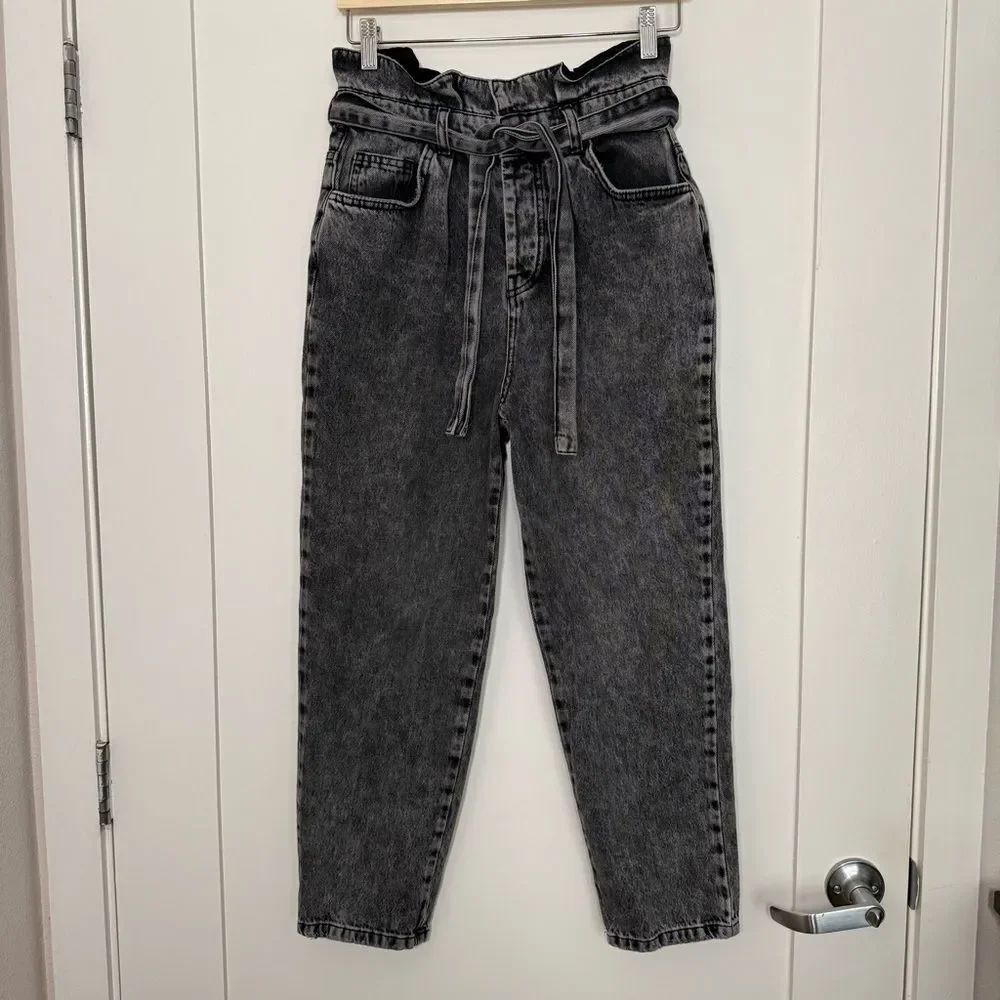 We The Free Paperbag Jeans Womens 27 Acid Gray High Rise Button Fly Belted Denim